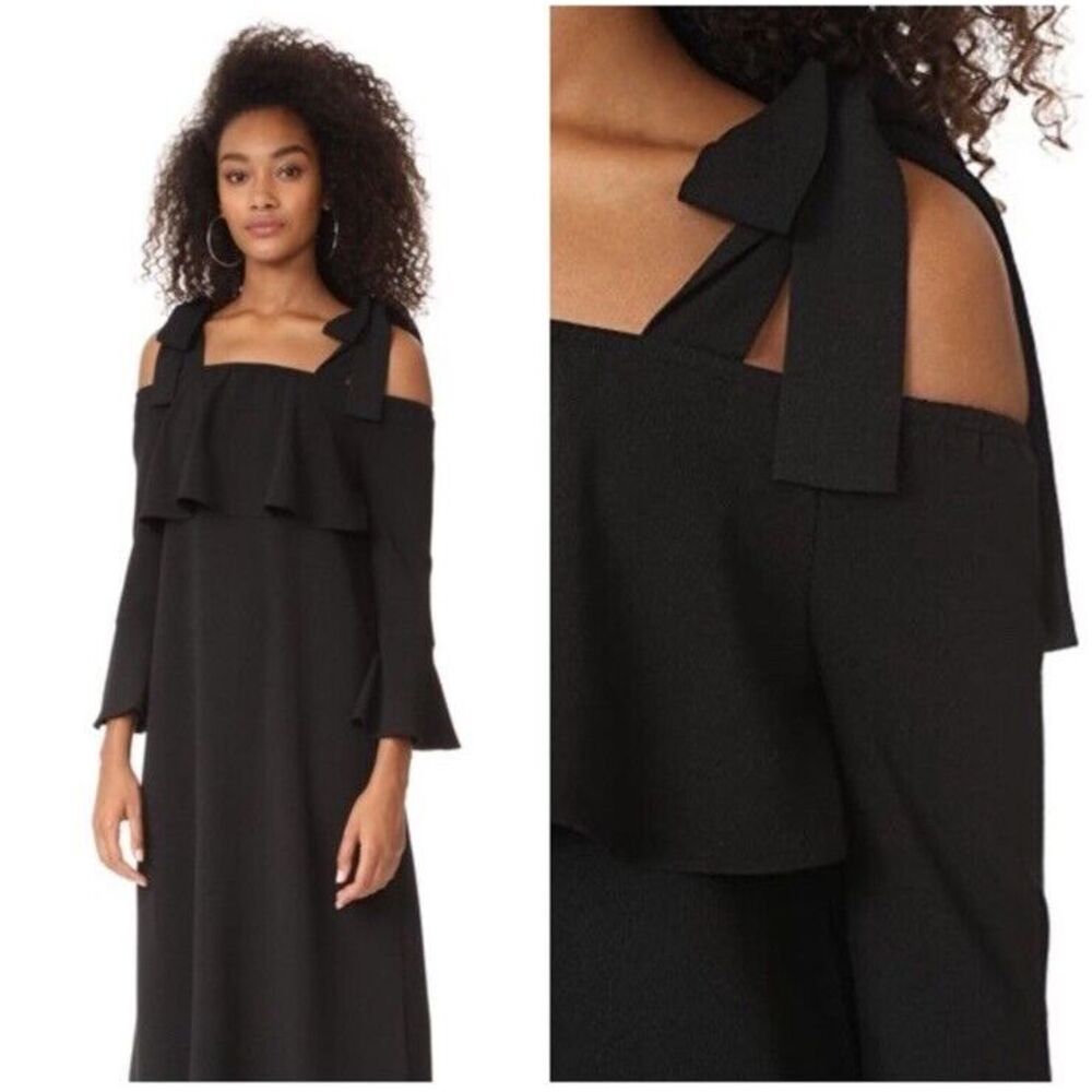 GANNI Clark Black Crepe Midi Dress‎ Tie Shoulder Shift Womens 4-6